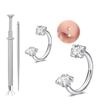 Imagem de Longita Anel de nariz de ferradura de 6 mm, 7 mm, 18 g, para mulheres, anel de nariz de ferradura dupla, argola de aço cirúrgico, prata, cartilagem, hélice, tragus, argolas, labret, piercing labial