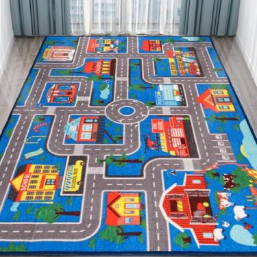 Imagem de Tapete infantil 150 cm x 100 cm, tapete de carro para carros infantis, tapete de estrada antiderrapante para sala de jogos, quarto, meninos, tapete de corrida para crianças (azul, 295 x 78 cm)
