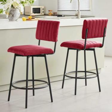 Imagem de MILCIL Banqueta giratória de altura para balcão com encosto, banco estofado de 66 cm com moldura de metal, encosto de assento de canal, conjunto de 2 veludo vermelho