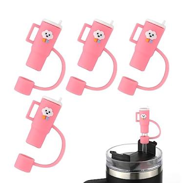 Imagem de 4 peças de tampas de palha compatíveis com Stanley Cup, garrafa de silicone em forma de garrafa com alças, tampa de palha, lindos topos de palha, protetor de capa de pontas de palha rosa para copo