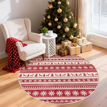 Imagem de Tapete redondo de Natal para sala de estar de 1,8 m - 15 x 15 cm macio lavável à máquina tapetes de fazenda para quarto embaixo da mesa de jantar - Tapete antiderrapante neutro Morden para escritório