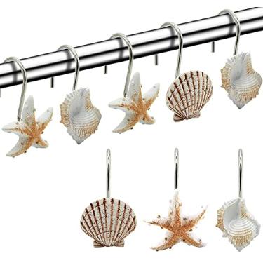 Imagem de FINROS Ganchos de cortina de chuveiro Seashell, 12 peças de ganchos decorativos de resina antiferrugem para banheiro, quarto de bebê, quarto, decoração de sala de estar (concha marrom claro)