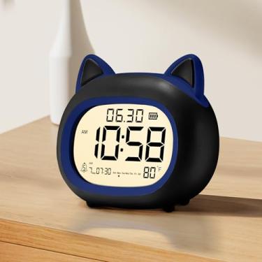 Imagem de Despertador infantil com luz noturna para crianças, pequenos despertadores digitais para quartos, construtor de rotina, despertador de gato fofo com treinamento de sono, soneca, 12/24H, data e dia