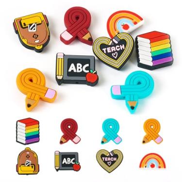 Imagem de 16 peças de contas focais de silicone para professores, bolsa de lápis, contas espaçadoras soltas, contas de borracha para dia do professor, para chaveiro, caneta, artesanato, artesanato, pulseira