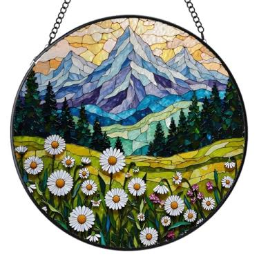 Imagem de Vitral para pendurar na janela, margaridas com flores de montanha, vitrais de montanha, painel de vidro de janelas internas, decoração de pendurar no jardim, aniversário para mulheres, 16 cm