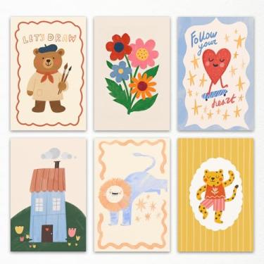 Imagem de mifyuibytr Conjunto de 6 arte de parede em tela de berçário, flores coloridas e pôster de casa para quarto de bebê, estampa de urso fofo, pintura de desenho animado de leão e tigre para quarto de