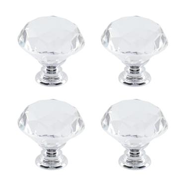 Imagem de Dahszhi 4 peças de diamante de topo plano 30 mm puxador de vidro de cristal puxadores de armário gavetas armário cômoda estante guarda-roupa, prata-transparente