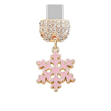 Imagem de ELISE & FONDA TP979 Tipo-C porta de carregamento cristal antipoeira pequeno floco de neve de Natal pingente de celular para iPhone 15/16/Samsung/OnePlus/Xiaomi/oppo telefones Android (rosa)