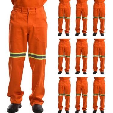 Imagem de Kit 10 Calças Profissional Uniforme Trabalho Brim Pesado Faixa Refleti