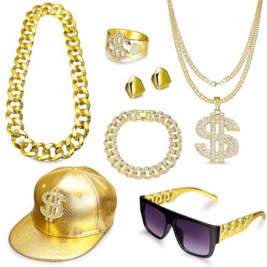 Imagem de LOREMOW Kit de fantasia hip hop anos 80 anos 90 corrente de ouro falso anel de símbolo de dólar colar boné conjunto de joias acessórios de rapper da velha escola, Large