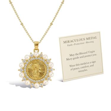 Imagem de Aonklot Colar de medalha milagrosa com pingente de Virgem Maria com strass, sol e lua, acessórios de fé religiosa católica, presente cristão para mulheres, Large, Sem Pedra Preciosa
