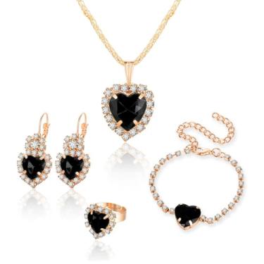 Imagem de QLUYCKW Colar de coração de cristal, brincos e pulseiras, conjunto feminino delicado com glitter dourado zircônia cúbica amor coração pingente colar anel aberto ajustável festa de casamento joia do