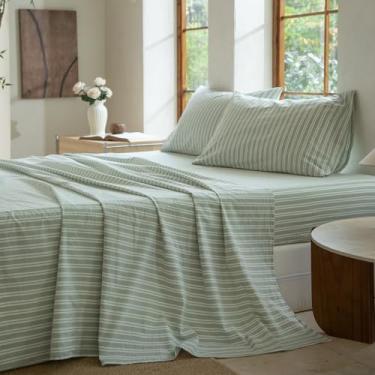 Imagem de BESTDESIL Jogo de cama listrado com 4 peças, 100% algodão lavado, 1 lençol com elástico, 1 lençol de cima e 2 fronhas, conjunto de lençol texturizado confortável (faixa verde sálvia, branco, Queen)