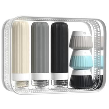 Imagem de Vresqi Garrafas de viagem – Pacote com 9, recipientes de viagem de 85 g para artigos de higiene pessoal, bolsa transparente, frascos essenciais de silicone à prova de vazamento de 40 ml
