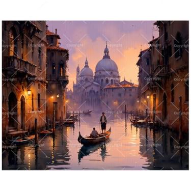 Imagem de DecorFriday Kit de pintura romântica de cena italiana por números para adultos – DIY Canal de Veneza ao anoitecer pintura em tela 40,6 x 50,8 cm, conjunto de tinta acrílica, adequado para iniciantes