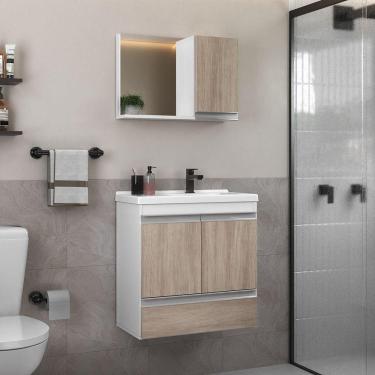 Imagem de Conjunto Gabinete Banheiro Fox 60cm (gabinete + Cuba + Espelheira) Branco Madeirado