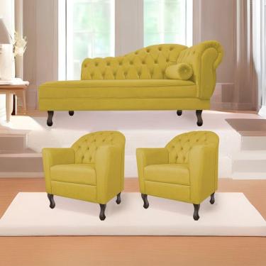 Imagem de Kit Diva Recamier Diana 185Cm Lado Esquerdo E 02 Poltronas Julia Suede - Doce Sonho Móveis Amarelo