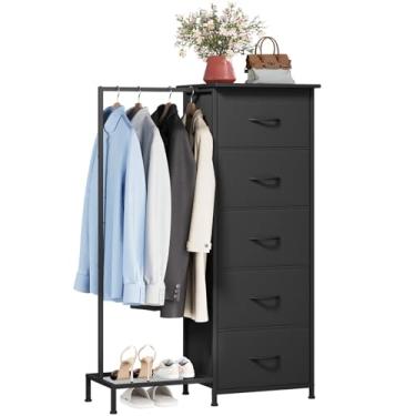 Imagem de Somdot Cômoda com suporte para pendurar, armário pequeno com 5 gavetas para quarto, cômoda de quarto com sapateira, cômoda de armazenamento 2 em 1, torre de armazenamento alta, moldura resistente