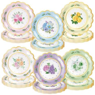 Imagem de Plceucsrs 48 peças de pratos de papel florais, pratos de festa de flores de 17,8 cm, pratos descartáveis florais para festa de chá, aniversário, chá de bebê, jardim, decorações de tarde de casamento