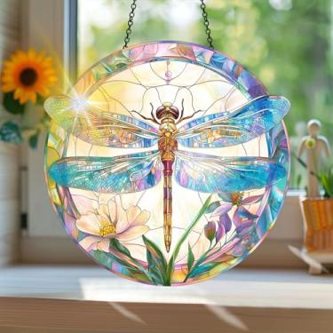 Imagem de Acrílico colorido Suncatcher, apanhador de sol estilo vitral impresso libélula com reflexos de arco-íris, decoração de janela suspensa, decoração de parede, ornamentos de Natal uso interno e externo