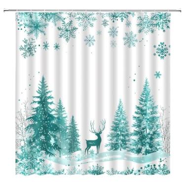 Imagem de UOZXOML Cortina de chuveiro azul-petróleo Natal floco de neve inverno floresta veado pinheiro bonito cinza branco Natal tecido decoração de banheiro cortinas com ganchos, 70 x 70
