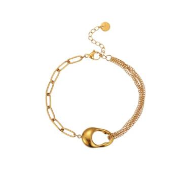 Imagem de Kokoma Pulseira feminina de corrente grossa em tom dourado moderno, pulseira de elos mistos de aço inoxidável, pulseira empilhável, joia minimalista