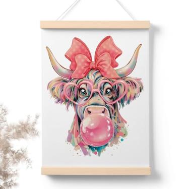 Imagem de PaJiaNi Arte de parede de vaca Coquette Western Highland, pôster de laço de vaca rosa preppy feminino, decoração de parede com laço rosa para quarto de menina dormitório quarto escritório sala de