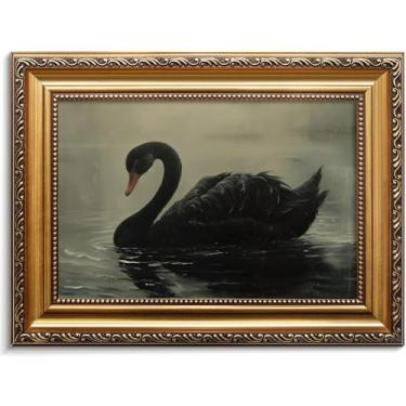 Imagem de Vodefoad Arte de parede com moldura de ouro preto retrô Cisne Negro Decoração Gótica Dark Academia Decoração de casa Moody Vintage Pintura a óleo Estética Vitoriana Gótica para Galé Sala de Estar