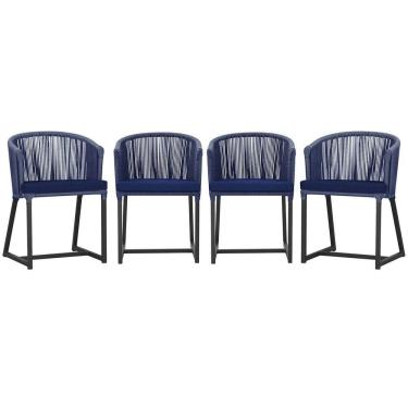 Imagem de 4 Cadeiras De Jantar Noronha Preta Corda Náutica E10 Trama Azul