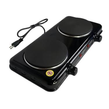 Imagem de Fogareiro Elétrico Portátil, 2 Bocas, 1000W, Plástico Preto, Resistência Espiral, para Camping, Controle Giratório, 220V, 25x20x12cm