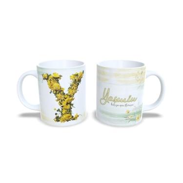 Imagem de Caneca de Cerâmica com Inicial Floral, Design Alice, Decorativa com Flores Amarelas e Brancas, 325ml (y)