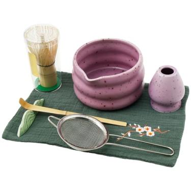 Imagem de ZJRDYYK Conjunto de 7 peças de batedor Matcha inclui tigela matcha de cerâmica de 510 g, batedor e suporte, colher de bambu e suporte de colher de cerâmica, peneira de aço inoxidável, toalha de chá