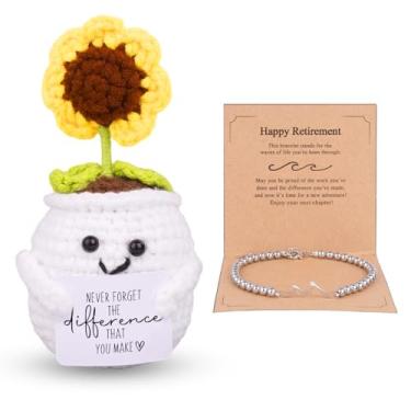 Imagem de Chanumetal Funny Retirement Gifts for Women, Sunflower Crochet with Card Retirement Gifts for Woman, Handmade Crochet Sunflower Going Away Farewell Goodbye Compatible with Coworkers Nurses Teachers