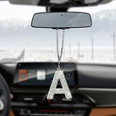 Imagem de HQRNYP Pingente de letra de carro brilhante, acessórios para pendurar espelho de carro, ornamento de espelho retrovisor, pingente de cristal fofo, enfeite feminino de strass de diamante da sorte para