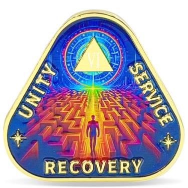 Imagem de Masfoponic Moeda de sobriedade triângulo labirinto de 6 anos - Medalhão Journey into Serenity NA - Token espiritual para recuperação e tempo limpo - Empoderando chips AA NA - presente para homens e