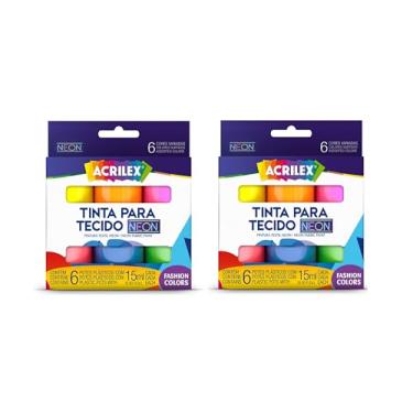Imagem de 2 Kits Tinta Para Tecido Neon Acrilex 6 Cores 15ml Cada – Fluorescente, Luminosas, Alta Fixação, Para Customização, Moda e Artesanato Têxtil