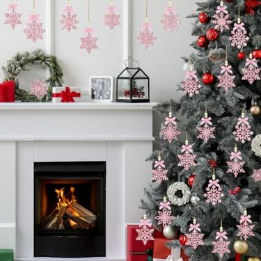 Imagem de 24 peças de enfeites de floco de neve rosa de Natal para árvore, mini enfeites de floco de neve de madeira, enfeites para pendurar em casa de fazenda, decoração de árvore de Natal para inverno, Natal
