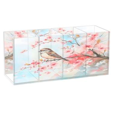 Imagem de SEHANY Lindo porta-canetas de acrílico com flores em aquarela, pássaro, 4 compartimentos, porta-lápis transparente, organizador de pincéis de maquiagem, organizador de papelaria para escritório, casa