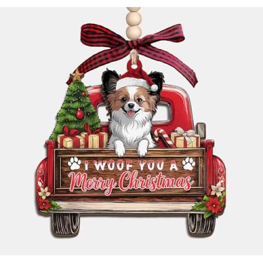 Imagem de Enfeite de madeira I Woof You A Merry Christmas - Caminhão de Natal com Papillon Dog 3 camadas de madeira enfeite de lembrança presentes para mulheres e homens amantes de animais de estimação e donos