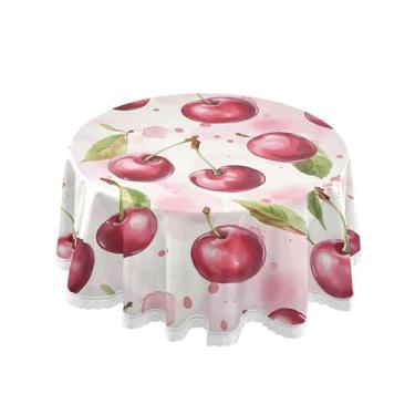 Imagem de SEHANY Toalha de mesa redonda em aquarela cereja 152 cm, tecido lavável sem rugas, toalha de mesa redonda com renda decorativa para restaurante, casamento, acampamento, festa de cinco de maio