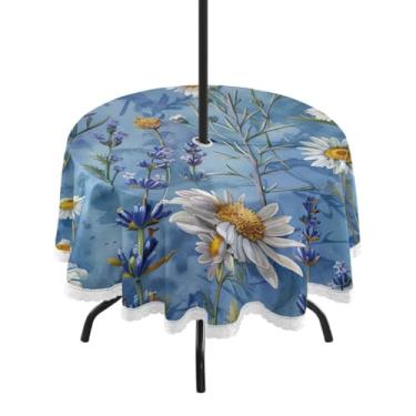 Imagem de Blueangle Toalha de mesa redonda de margarida branca impermeável de 152 cm com orifício para guarda-chuva - Tecido resistente à prova de sol para todos os climas para pátio, acampamento, piquenique