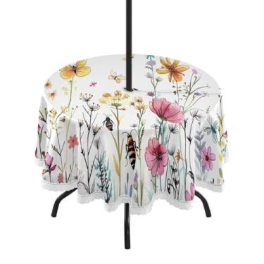 Imagem de ATTX Toalha de mesa redonda Herbal Wildflowers ao ar livre – 152 cm, impermeável, à prova de derramamento, uso interno/externo, com orifício para guarda-chuva com zíper para acampamento, piquenique