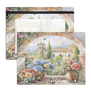 Imagem de SEHANY Pasta de lápis de flores de jardim com 3 anéis - bolsa de documentos com zíper tamanho A4 com janela transparente para sala de aula, escritório, 2 peças