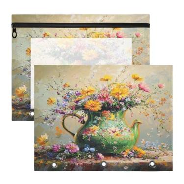 Imagem de SEHANY Pasta de lápis de flores de jardim com 3 anéis – Bolsa para documentos tamanho A4 com janela transparente para sala de aula, escritório, 2 peças