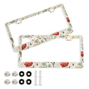 Imagem de SEHANY Molduras de placa de licença de flores florais coloridas, capas de moldura de placa de carro de alumínio à prova de ferrugem com orifícios elípticos e parafusos serve para veículos padrão dos
