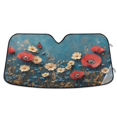 Imagem de ATTX Para-brisa de carro floral vermelho 134.6 cm x 59.7 cm Escudo solar universal com proteção UV, persiana de janela frontal automática dobrável para caminhões Sedans SUVs #79