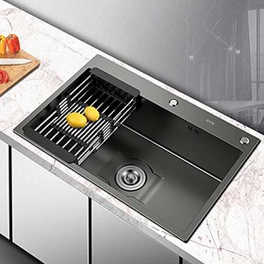 Imagem de HGTRH Pia de cozinha Retangular, Pia Embutida Aço inoxidável, Pia de Aço Inoxidável Preto Dispensador de Sabão Sifão Conjunto de Sobreposto e de Drenagem para Montagem na Superfície