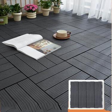 Imagem de Azulejos de deck interligados 30,5 cm x 30,5 cm, 6 ripas de piso externo azulejos de pátio de madeira de acácia, deck de piso de pátio à prova d'água para varanda quintal, uso interno e externo C 10