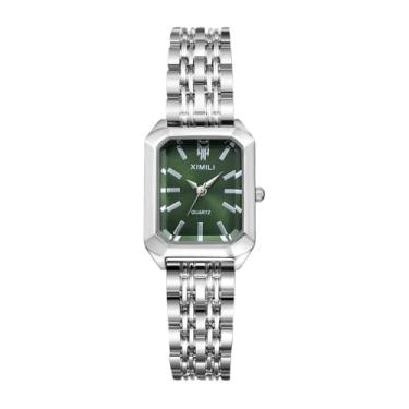 Imagem de Lancardo Relógio feminino quadrado elegante: caixa de quartzo prateado mostrador verde pulseira de aço inoxidável removível relógio de pulso aniversário Natal
