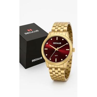 Imagem de Relógio Feminino Seculus Dourado Fundo Vinho Original Garantia Mãe Namorada Presente (Dourado)